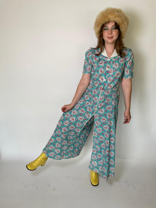 Vintage 40s 50s Pajama Cotton Jumpsuit - fits size S-M, Possibly L