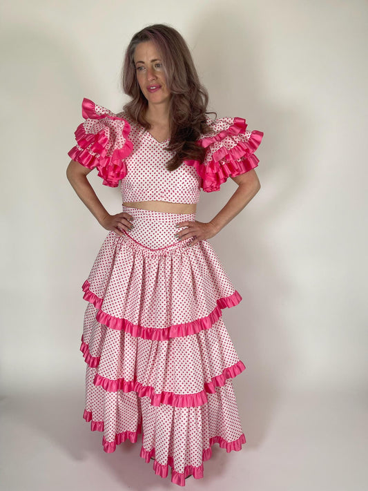 Reworked Vintage 50s Pink Polka Dot Flamenco Skirt Set - Fits Size XS-M