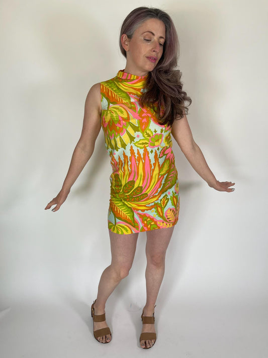Vintage 60s Pastel Botanical Print Mini Dress - Fits Size XS-S