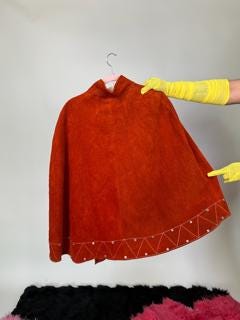 Vintage 60s 70s Orange Suede Leather Cape Poncho - Fits Most Sizes