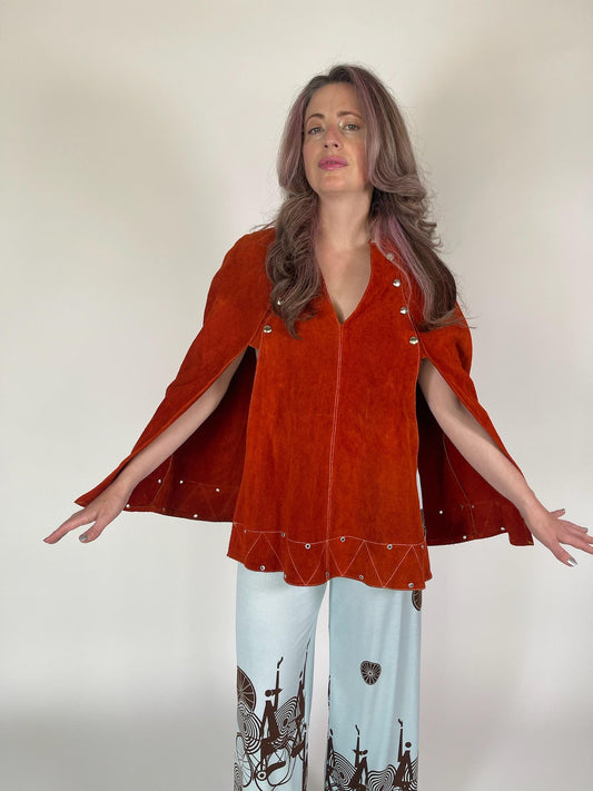 Vintage 60s 70s Orange Suede Leather Cape Poncho - Fits Most Sizes