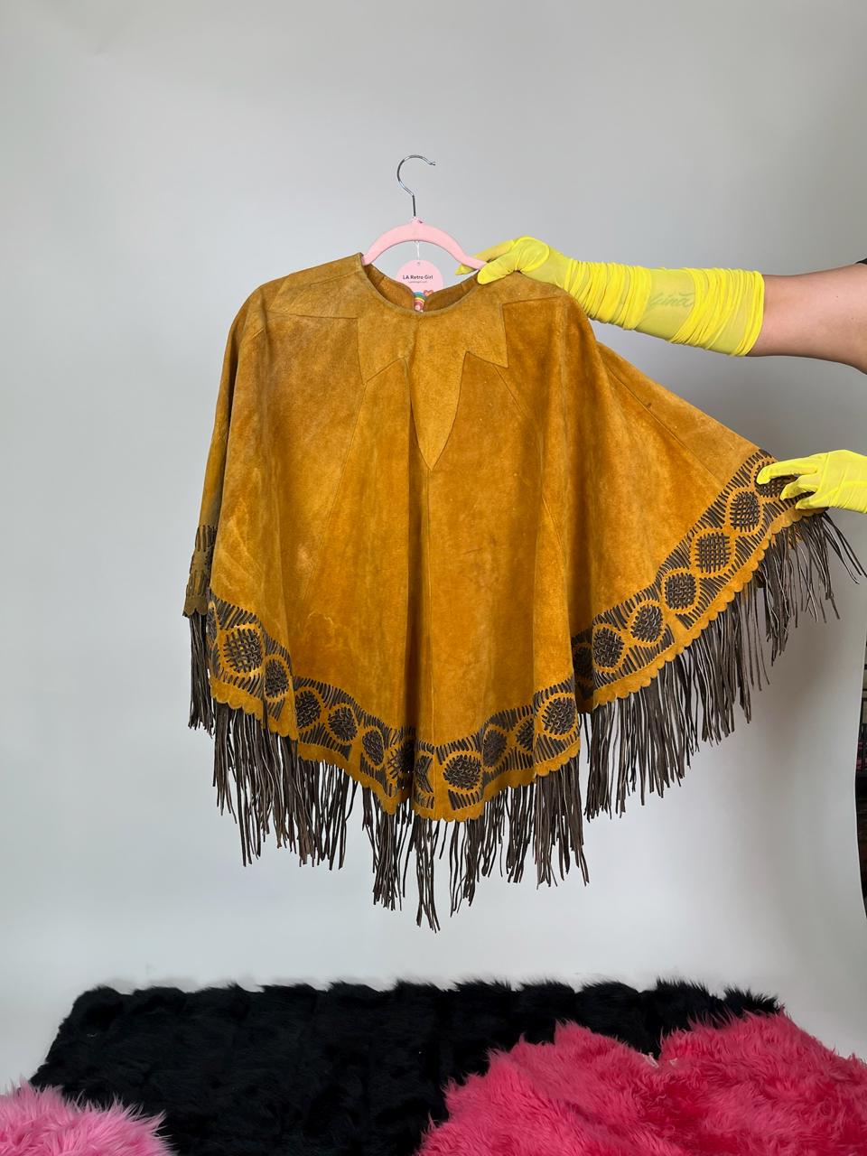Vintage 60s 70s Suede Leather Fringe Cape - Fits Most Sizes