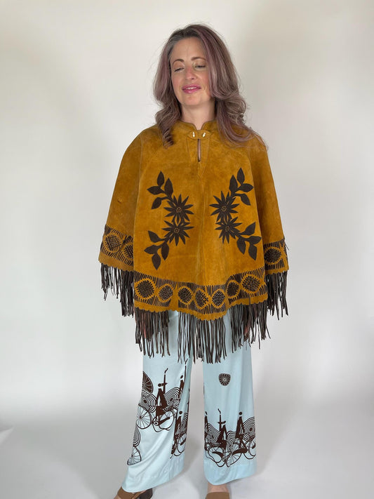 Vintage 60s 70s Suede Leather Fringe Cape - Fits Most Sizes