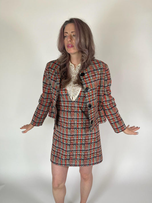 Vintage 60s 70s Tweed Print Dress Set - Fits Size S-L