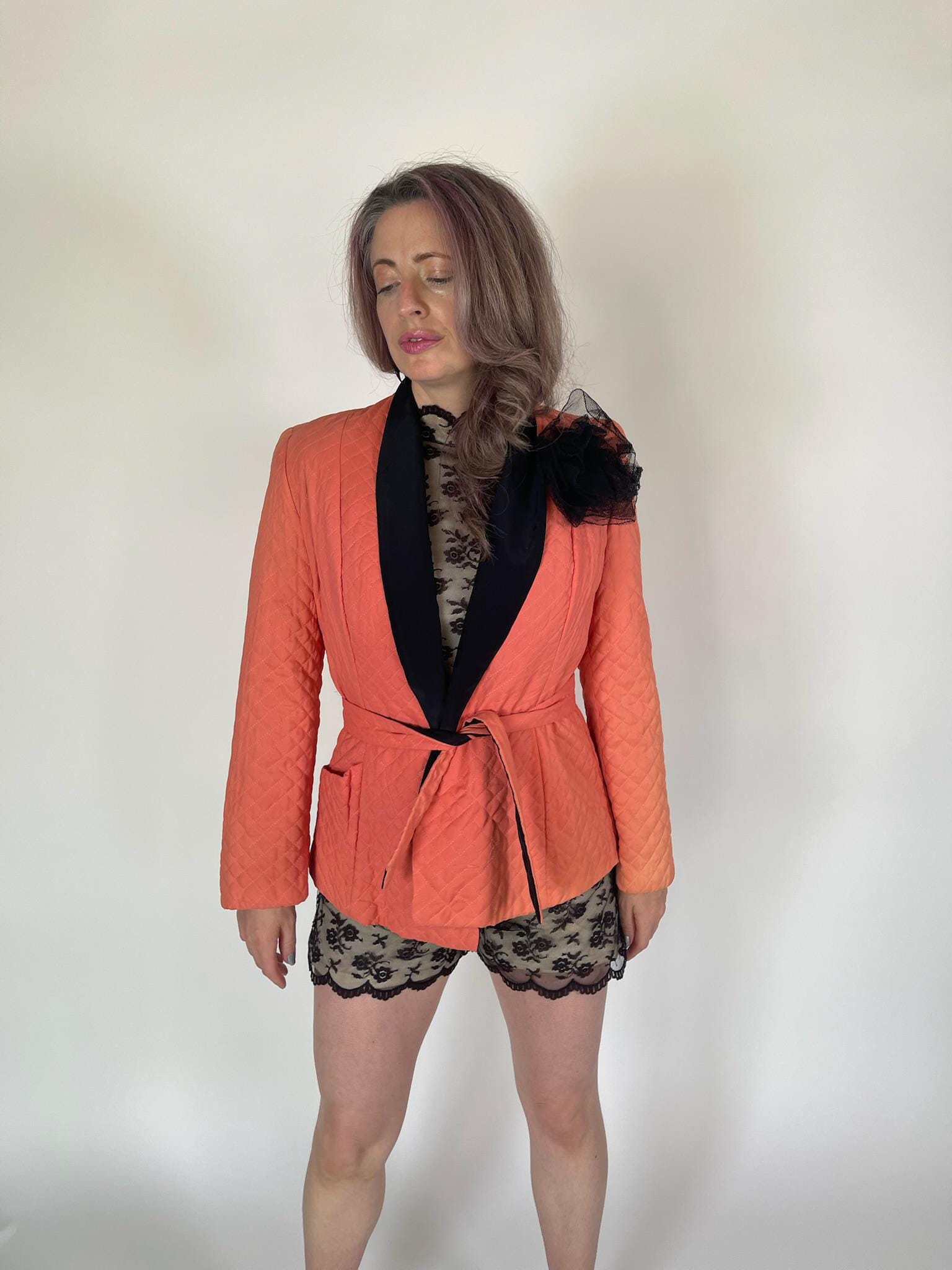 Vintage 40s 50s Pink Quilted Smoking Jacket - Fits Size XS-M