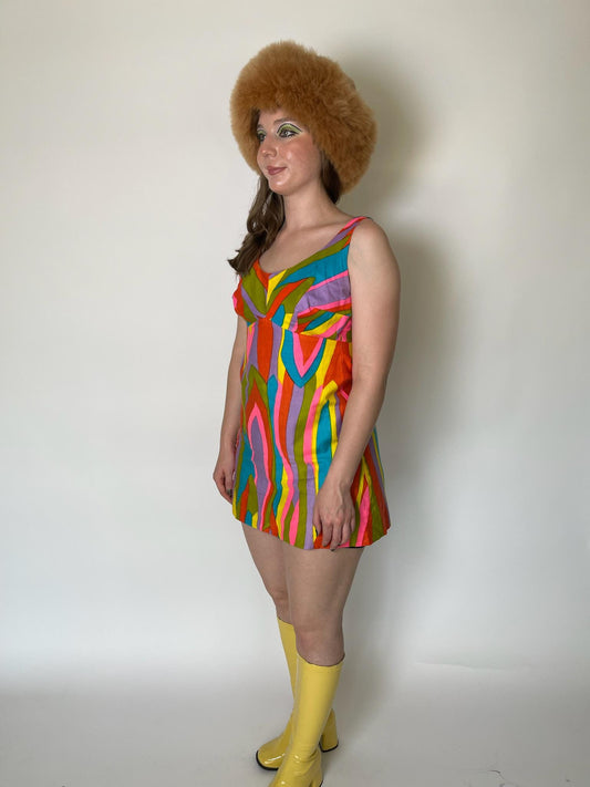 Vintage 60s "Symphony" Multicolored Print Mini Dress - Best Fits Size XS-S