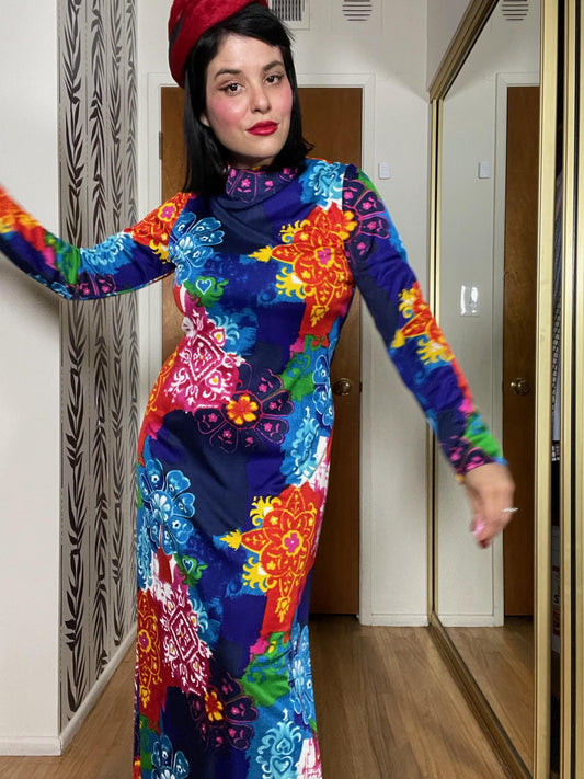 Vintage 70s "Collector's Items by Anne Fogarty" Multicolored Long Sleeve Maxi Dress - Fits Size S-L