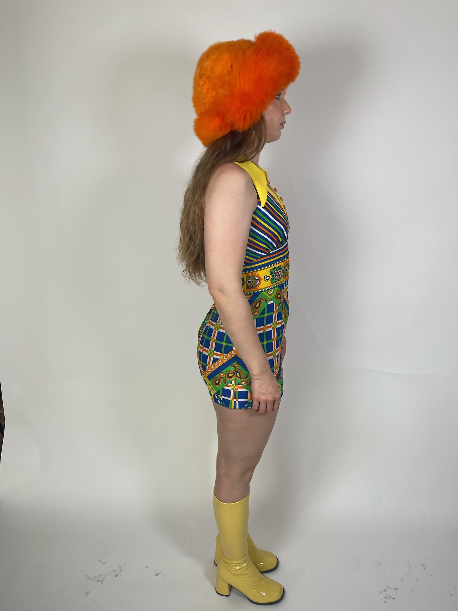 Vintage 60s 70s "Mel Warshaw for Miss Jane Miami" Yellow Dagger Collar Cage Back Mini Dress - Fits Size XS-S