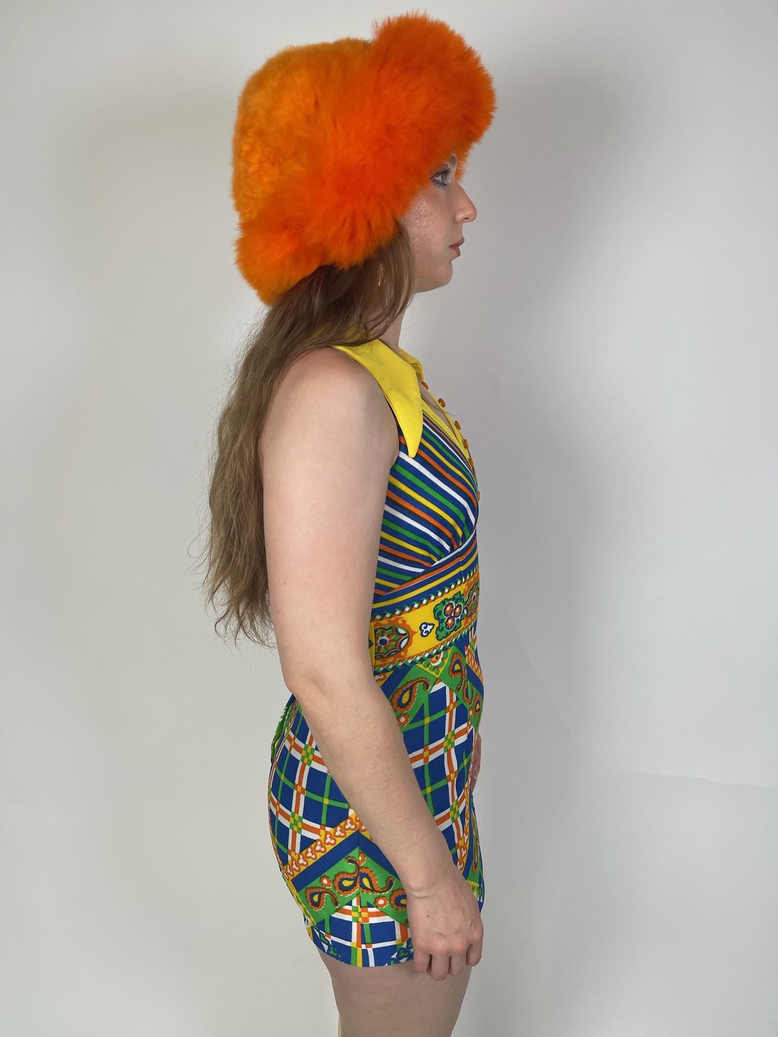 Vintage 60s 70s "Mel Warshaw for Miss Jane Miami" Yellow Dagger Collar Cage Back Mini Dress - Fits Size XS-S