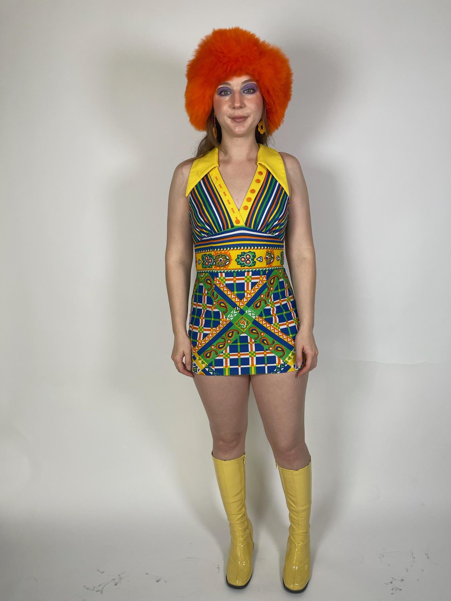 Vintage 60s 70s "Mel Warshaw for Miss Jane Miami" Yellow Dagger Collar Cage Back Mini Dress - Fits Size XS-S