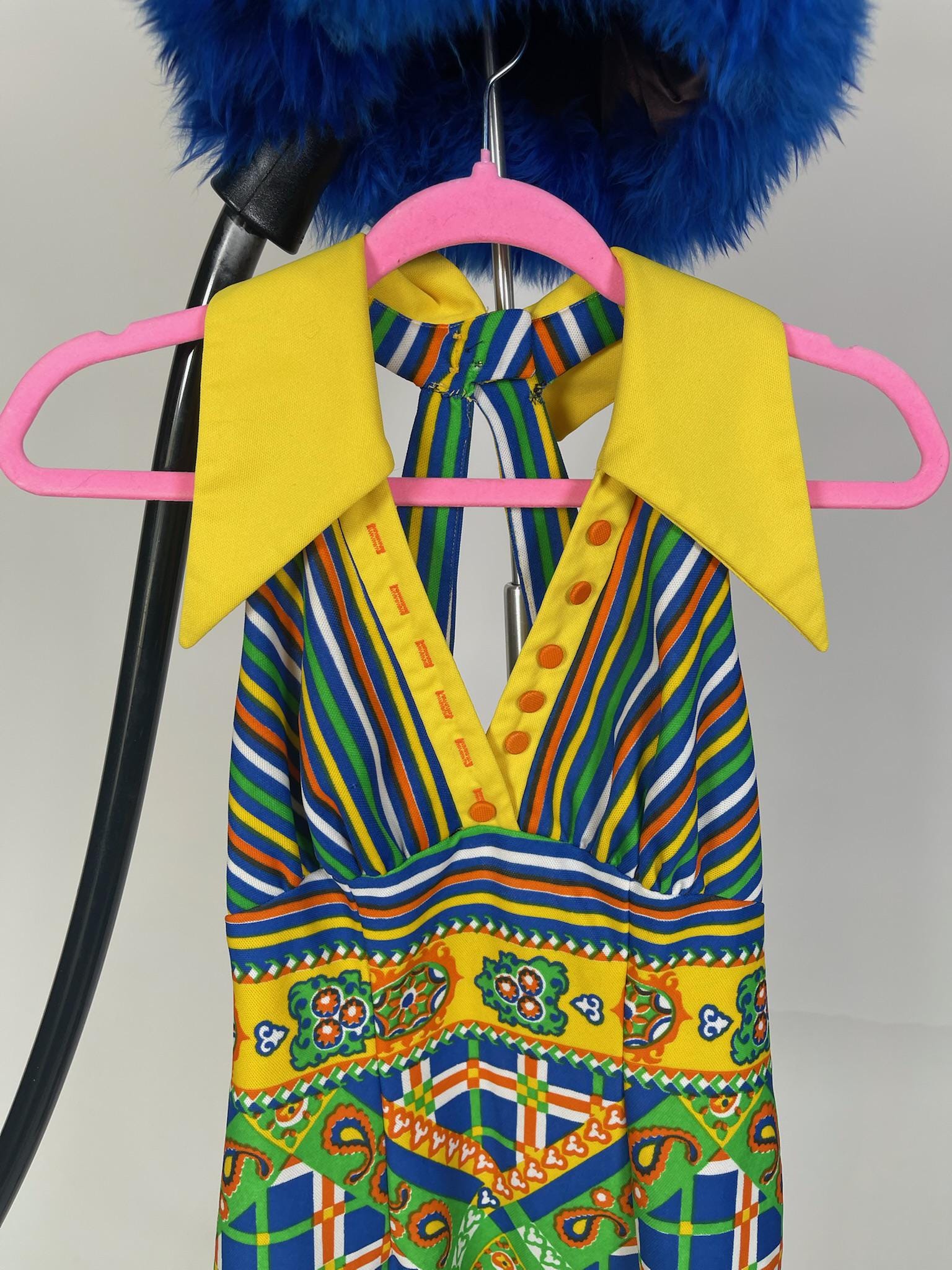 Vintage 60s 70s "Mel Warshaw for Miss Jane Miami" Yellow Dagger Collar Cage Back Mini Dress - Fits Size XS-S
