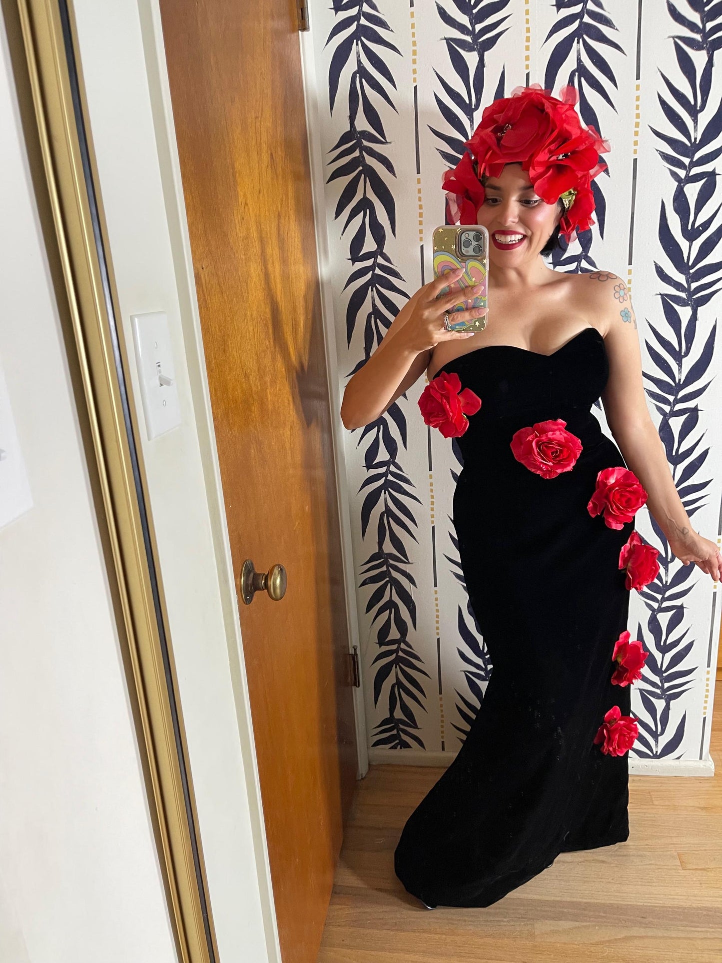 80s Victor Costa Velvet Strapless Gown w/ Red 3-D Flowers