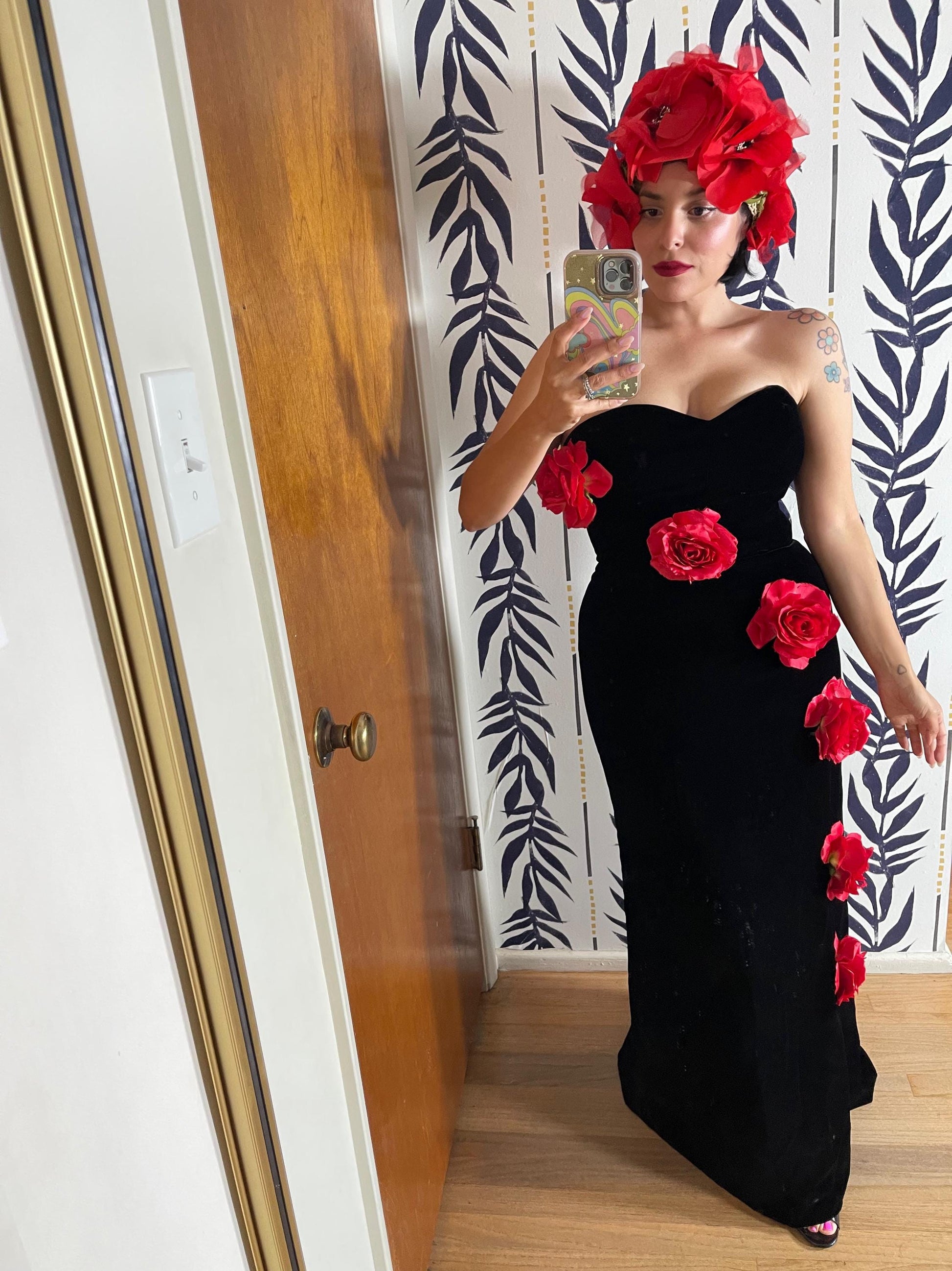 80s Victor Costa Velvet Strapless Gown w/ Red 3-D Flowers