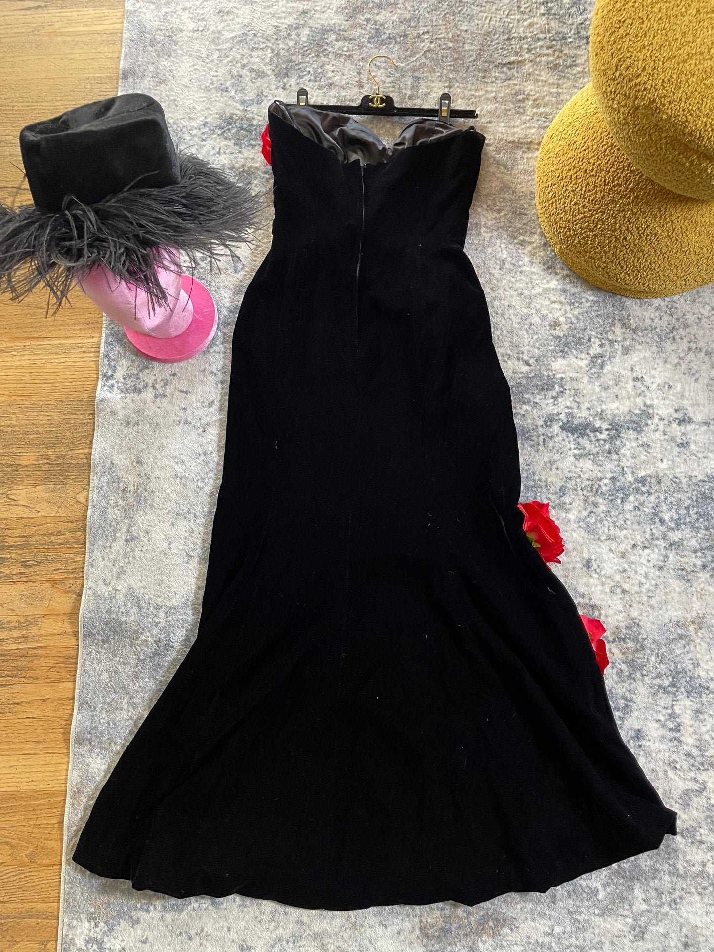 80s Victor Costa Velvet Strapless Gown w/ Red 3-D Flowers