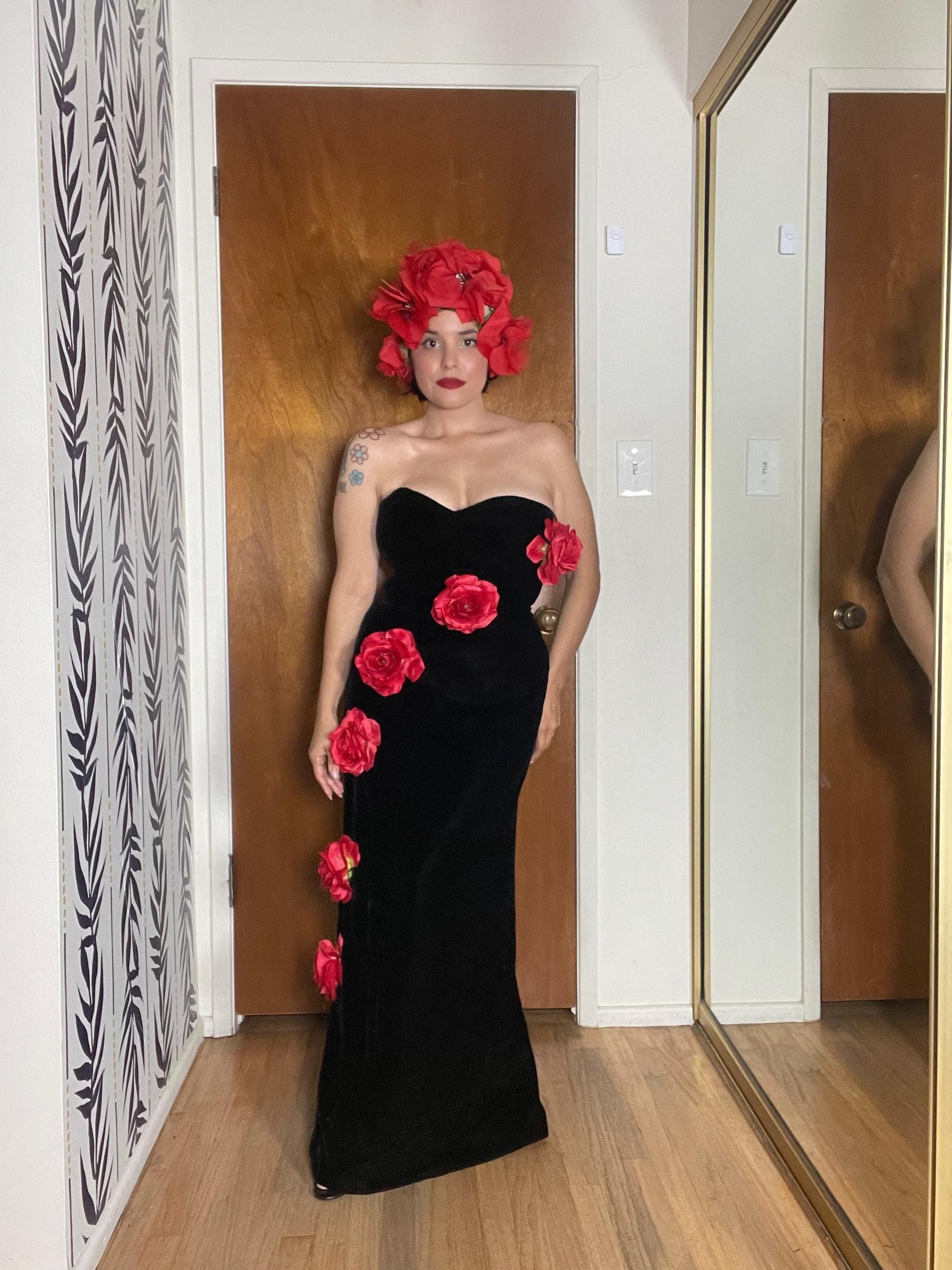 80s Victor Costa Velvet Strapless Gown w/ Red 3-D Flowers