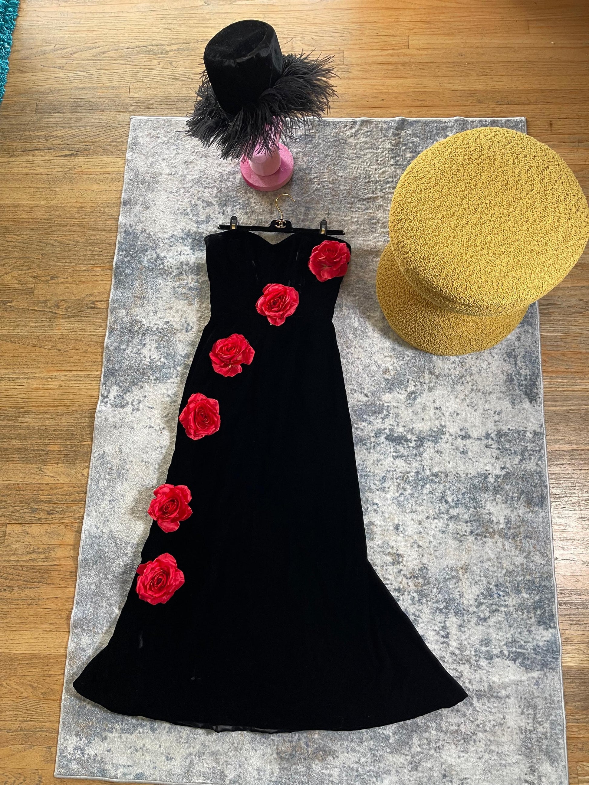 80s Victor Costa Velvet Strapless Gown w/ Red 3-D Flowers