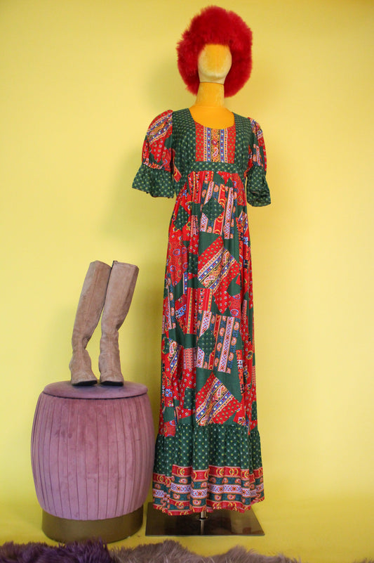 Vintage 60s 70s "Ms. B of California San Francisco" Patch Print Maxi Dress Best Fits Size S-M