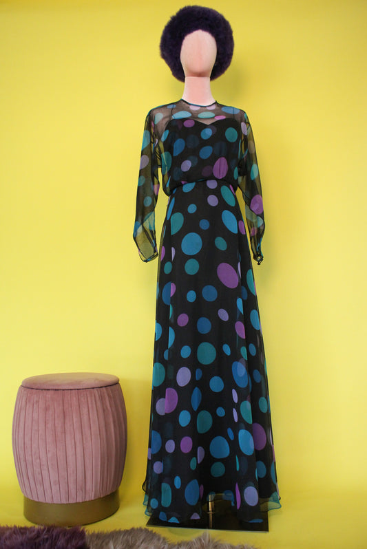 Vintage 60s 70s "Miss Elliette of California" Polka Dot Maxi Dress Best Fits Size S-M