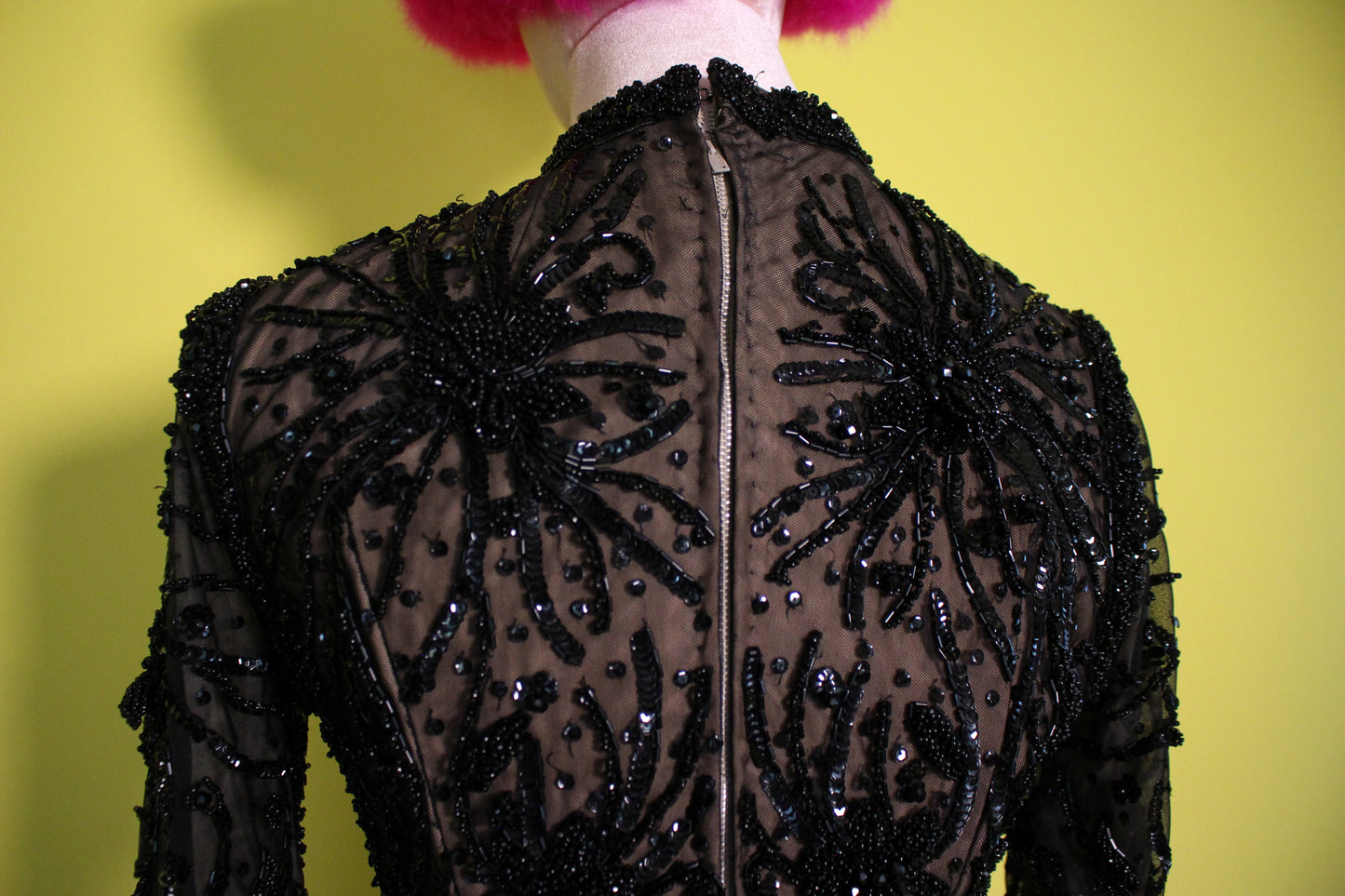 Vintage 60s Black and Nude Beaded Burlesque Dress Best Fits Size XS, Possible S