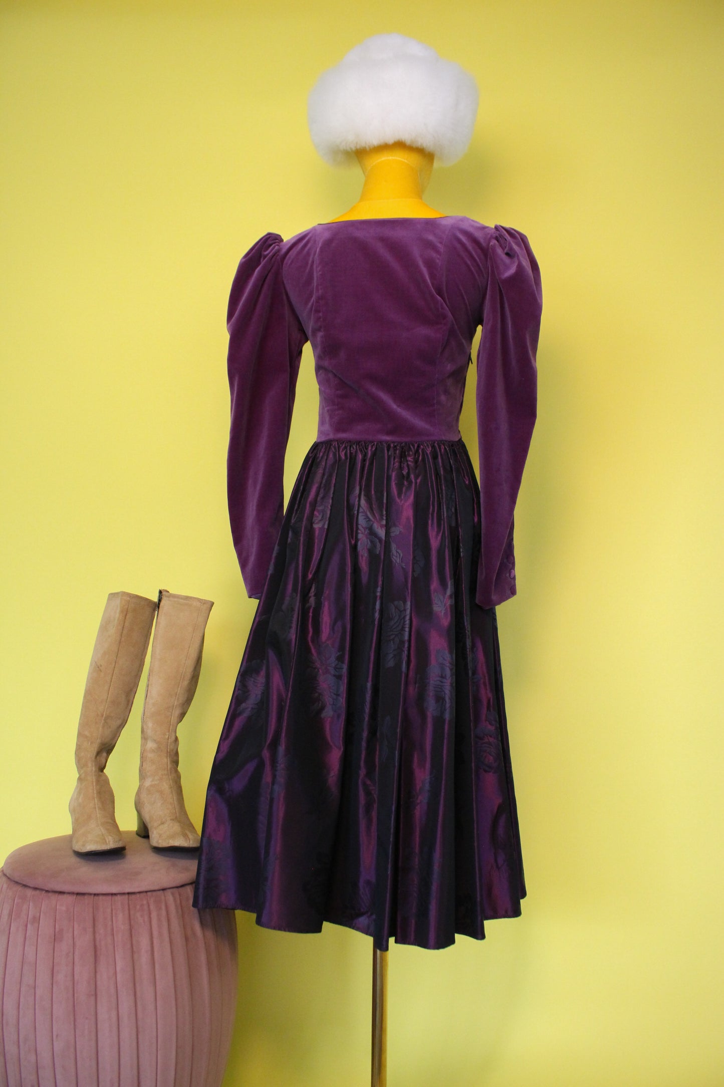 Vintage 70s 80s "Laura Ashley" Purple Rose Jacquard Dress Best Fits Size S-M