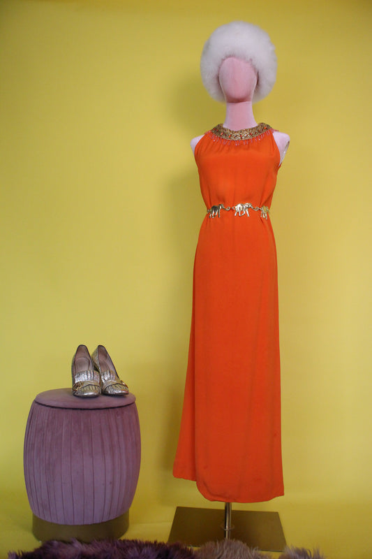 Vintage 60s Orange Maxi Dress With Beaded Embellished Collar Best Fits Size S-M