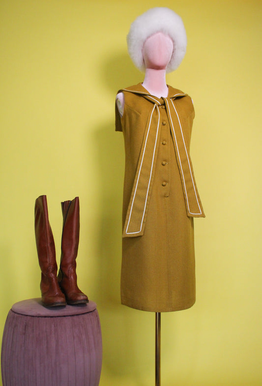 Vintage 50s 60s Brown Mustard Colored Sailor Collar Dress Best Fits Size S-M