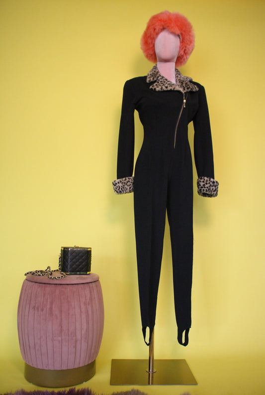 Vintage 80s 90s "Joseph Ribkoff" Leopard Faux Fur Stirrups Jumpsuit Best Fits Size S-M