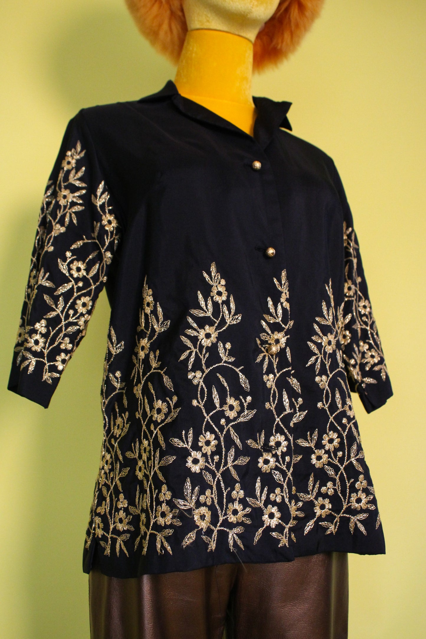 Vintage 50s 60s "Lady Manhattan" Gold Metallic Thread Embroidered Blouse Best Fits Size S-L