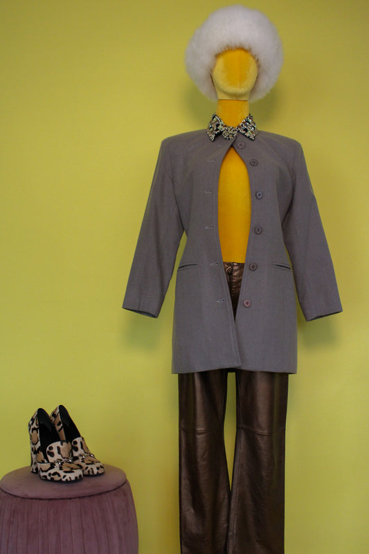 Vintage 80 "Bigi Vogue Cast" Grey Wool Blazer With Embellished Collar Best Fits Size S-M