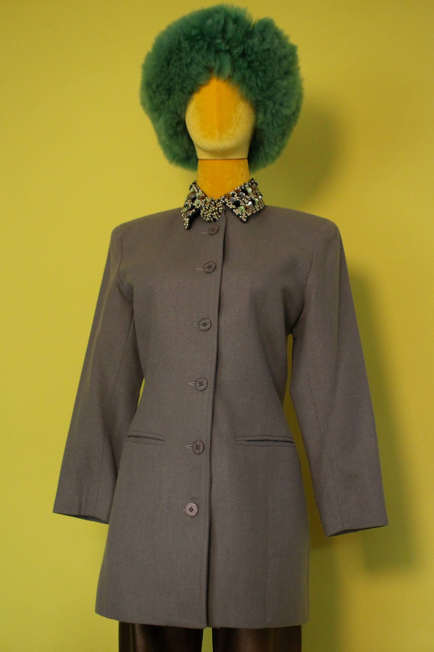 Vintage 80 "Bigi Vogue Cast" Grey Wool Blazer With Embellished Collar Best Fits Size S-M