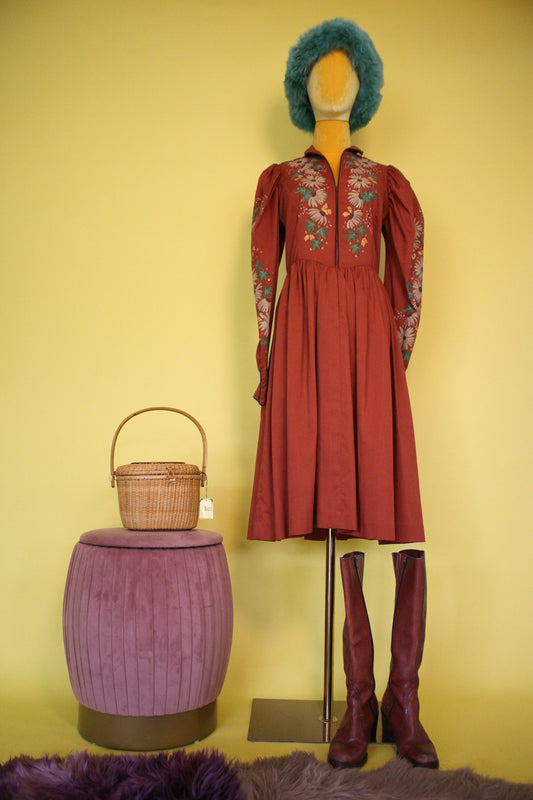 Vintage Hand Painted Flowers Burnt Orange Dress Best Fits Size S, Possibly M