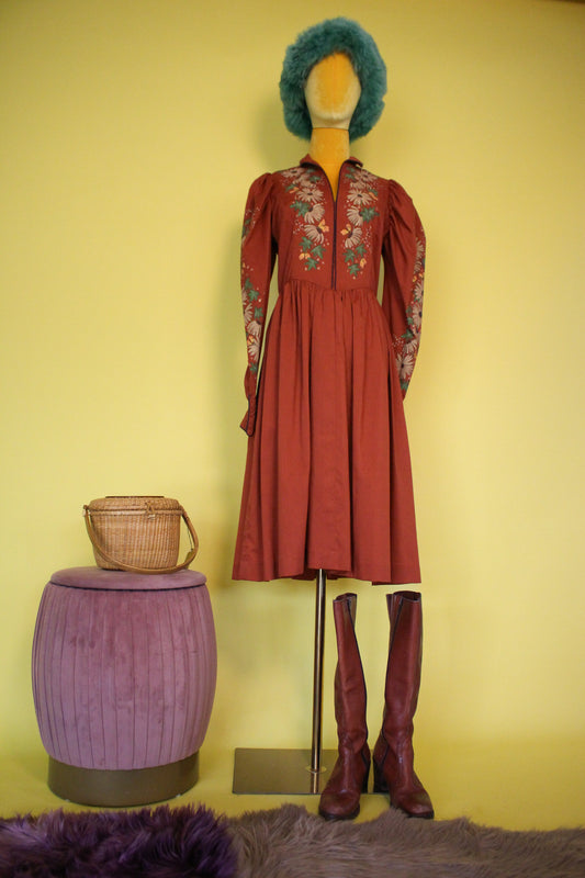 Vintage Hand Painted Flowers Burnt Orange Dress Best Fits Size S, Possibly M