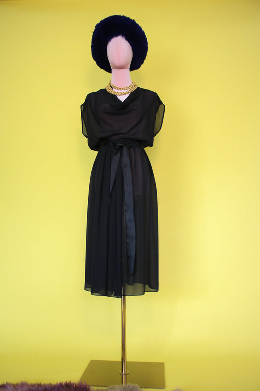 Vintage 60s "Joan Leslie by Kasper" Black Sheer Silk Chiffon Dress Best Fits Size S-L