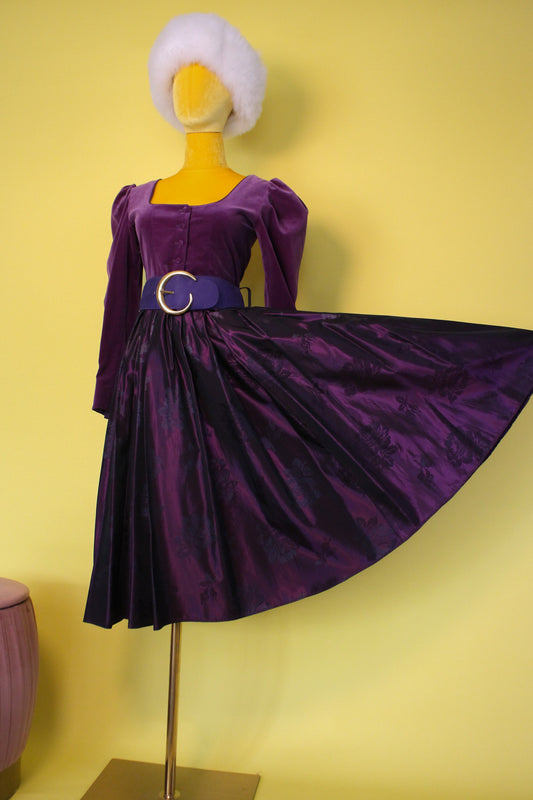 Vintage 70s 80s "Laura Ashley" Purple Rose Jacquard Dress Best Fits Size S-M