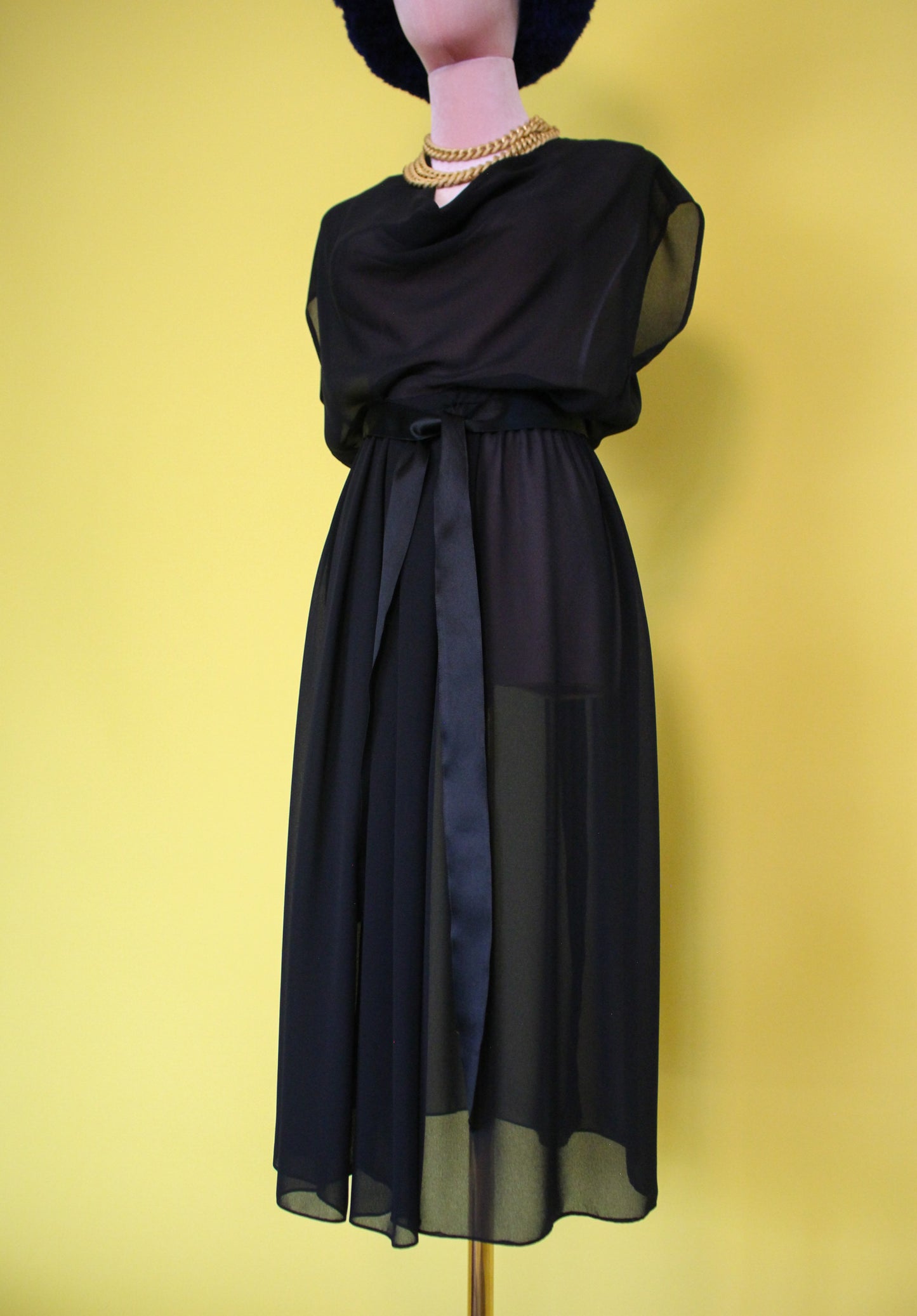 Vintage 60s "Joan Leslie by Kasper" Black Sheer Silk Chiffon Dress Best Fits Size S-L