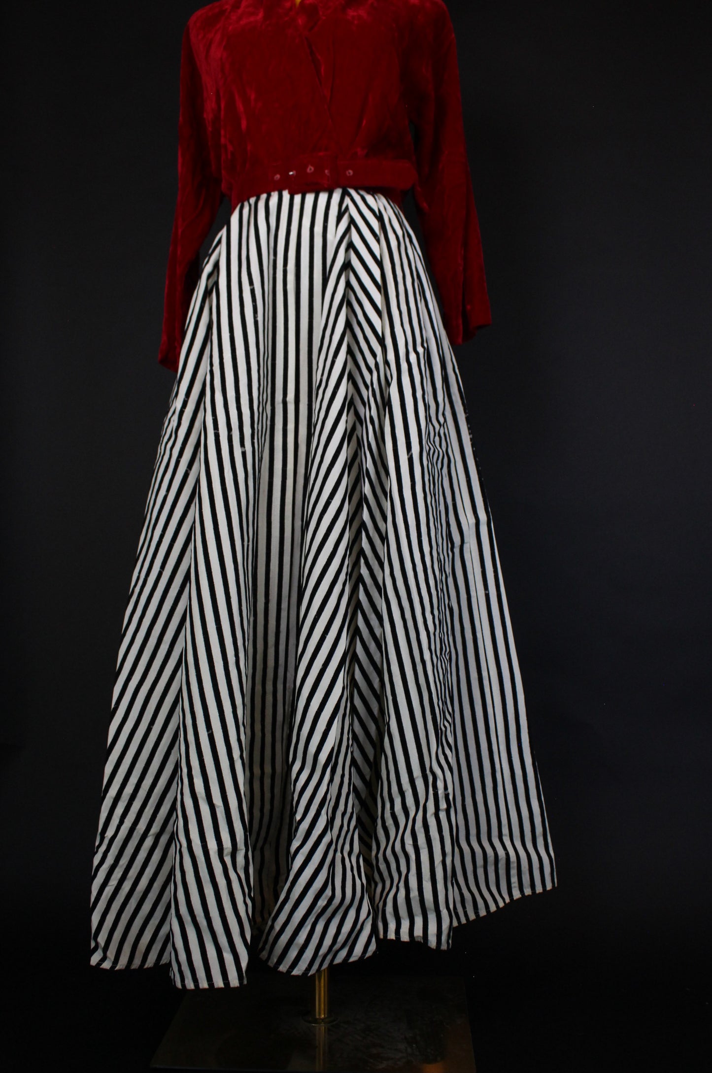 Vintage 50s Red Velvet with Striped Skirt Maxi Dress Fits sizes XS-SM