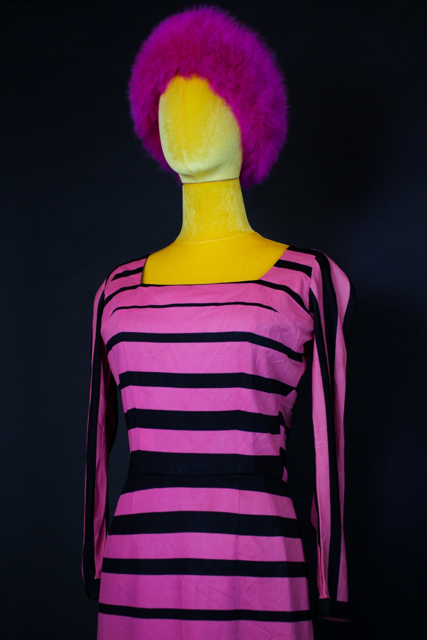 Vintage 60s Black & Pink Striped Wiggle Dress Fits Size S