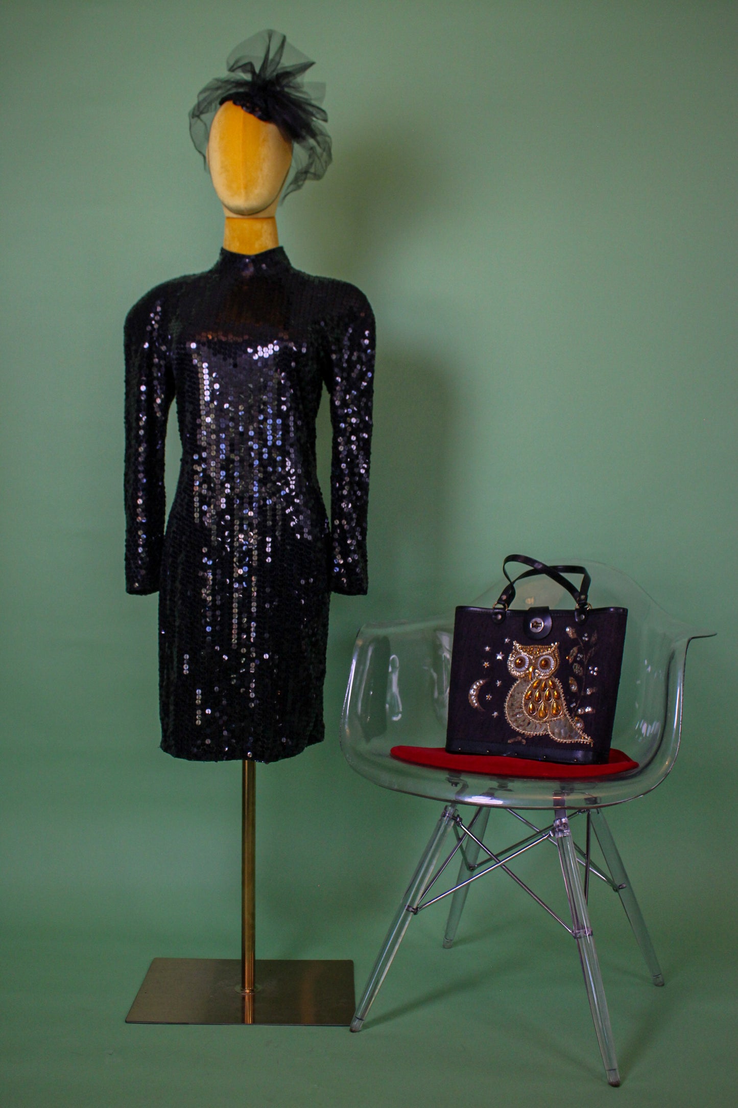 Vintage 80s "Oleg Cassini" Black Sequin Open Back Dress *Has Stretch*