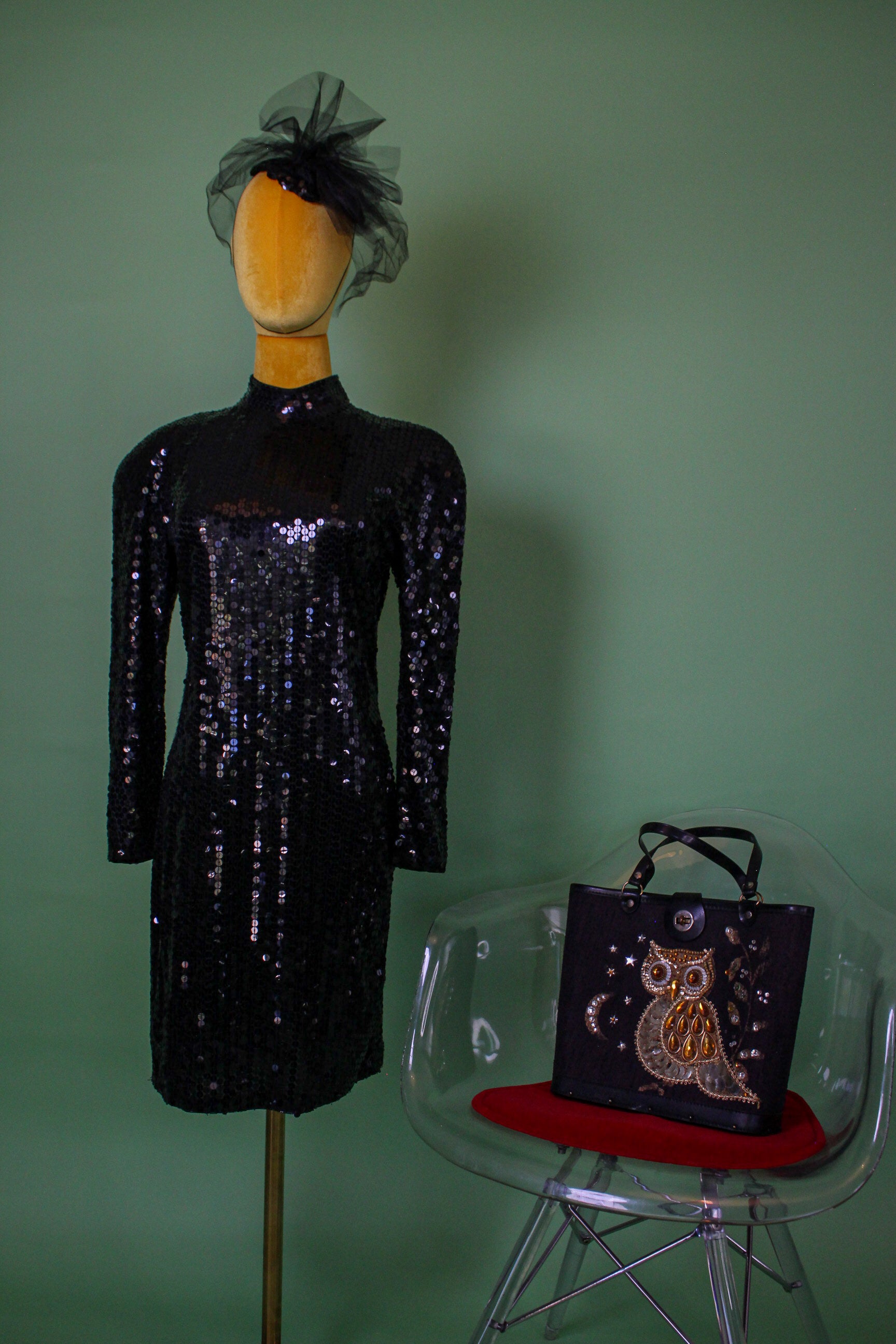 Vintage 80s Oleg Cassini Black Sequin Open Back Dress Has Stretch