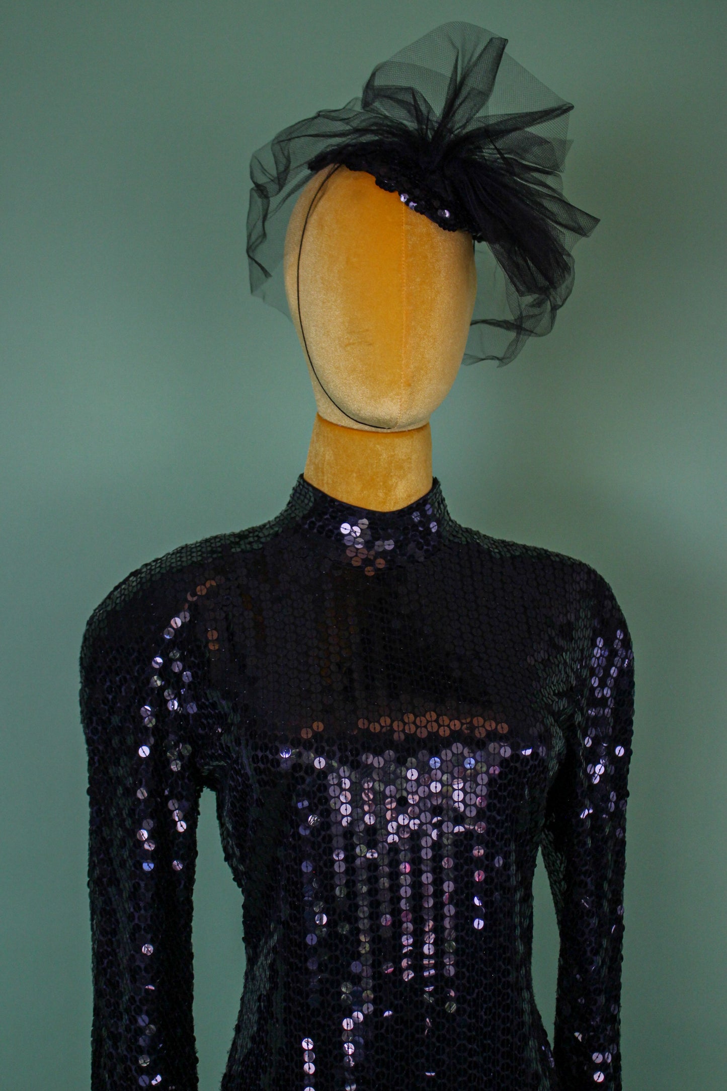 Vintage 80s "Oleg Cassini" Black Sequin Open Back Dress *Has Stretch*