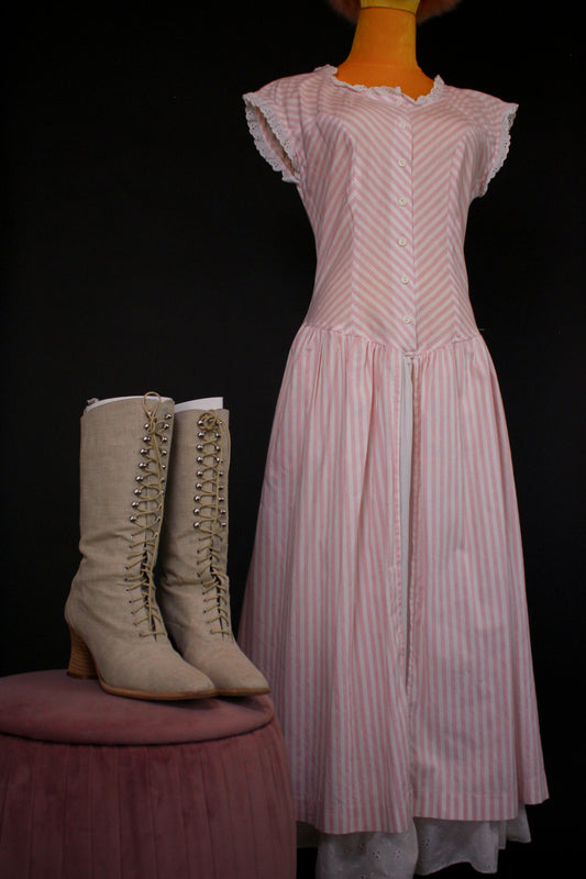 Vintage 80s "Joni Blair of California" Drop Waist Pink and White Striped Dress Best Fits Sizes M