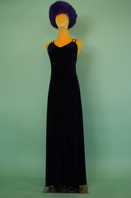 Vintage 80s "Bruno Duluc for Kush" Purple Velvet Maxi Dress *Has Stretch* Fits Multiple Sizes