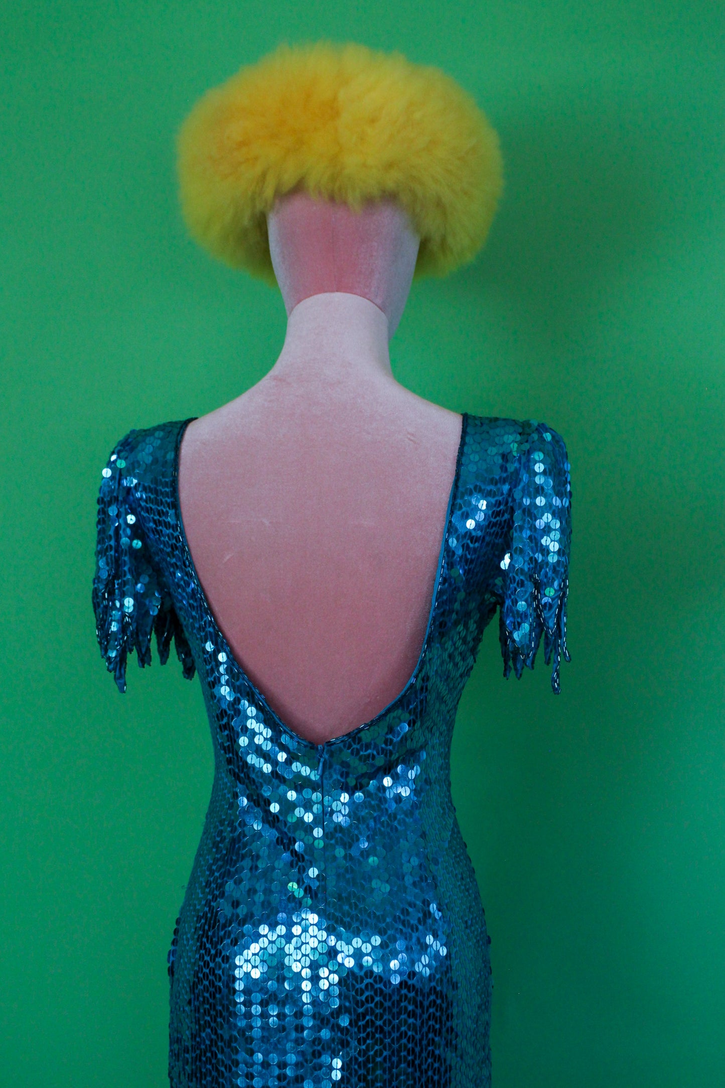 Vintage 80s "Ted Lapidus Paris" Avant Garde Teal Blue Sequins Stretchy Gown Fits Sizes S-M