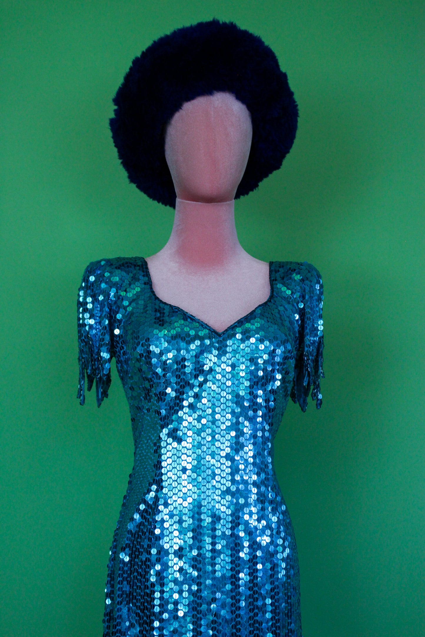 Vintage 80s "Ted Lapidus Paris" Avant Garde Teal Blue Sequins Stretchy Gown Fits Sizes S-M