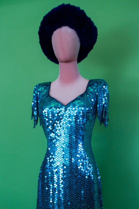 Vintage 80s "Ted Lapidus Paris" Avant Garde Teal Blue Sequins Stretchy Gown Fits Sizes S-M