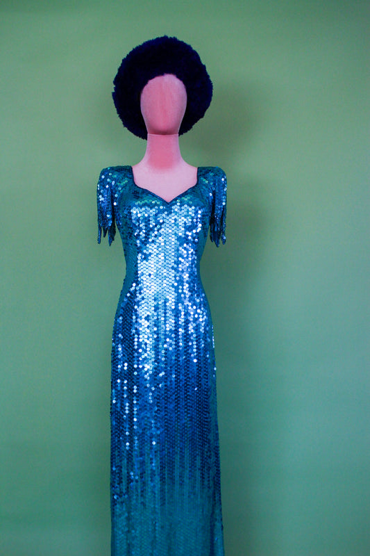 Vintage 80s "Ted Lapidus Paris" Avant Garde Teal Blue Sequins Stretchy Gown Fits Sizes S-M