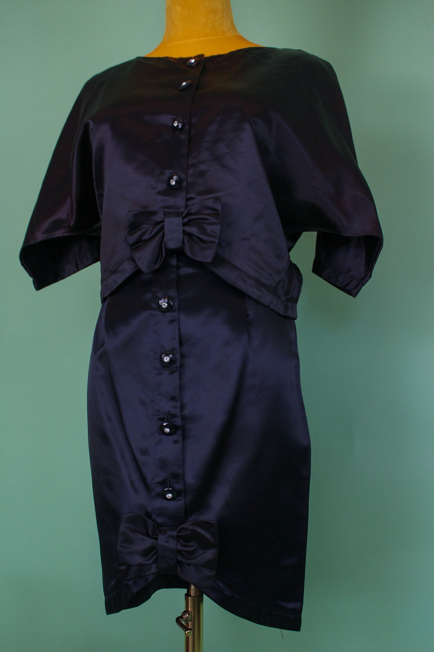 Vintage 60s "Cotuf Inc." Black Satin Tuxedo 2-Piece Skirt Set Best Fits Size XS-S