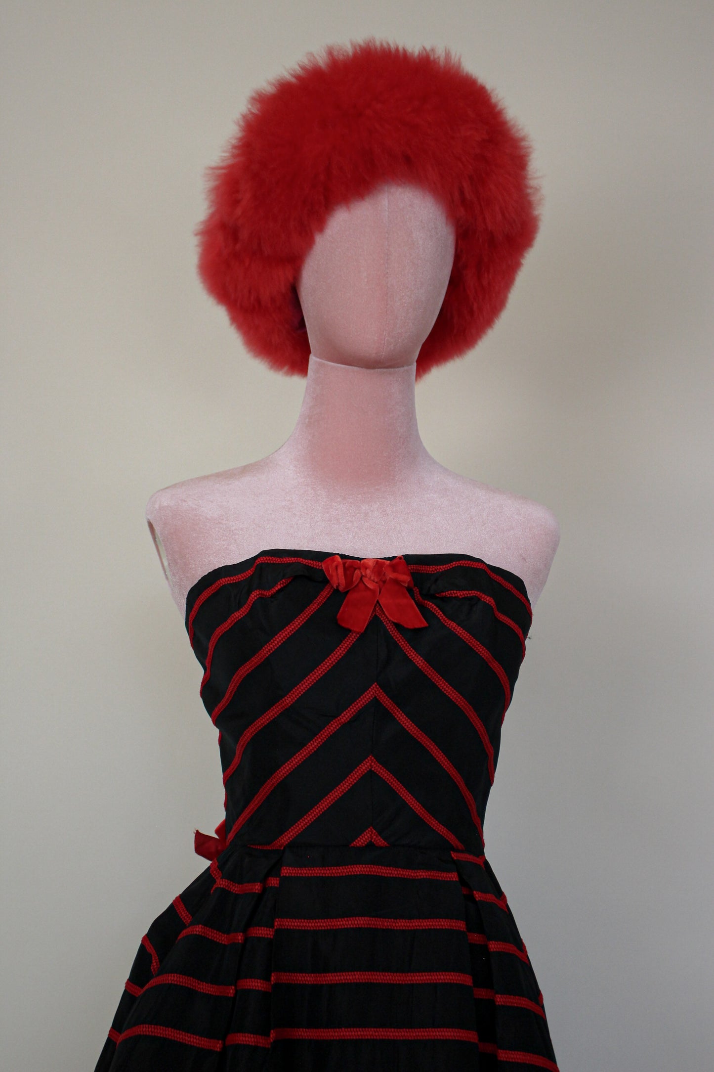 Vintage 50s / 60s Emma Domb Strapless Bow Dress Red Trim Velvet Bow Strapless Cocktail Dress Fits sizes XS-SM