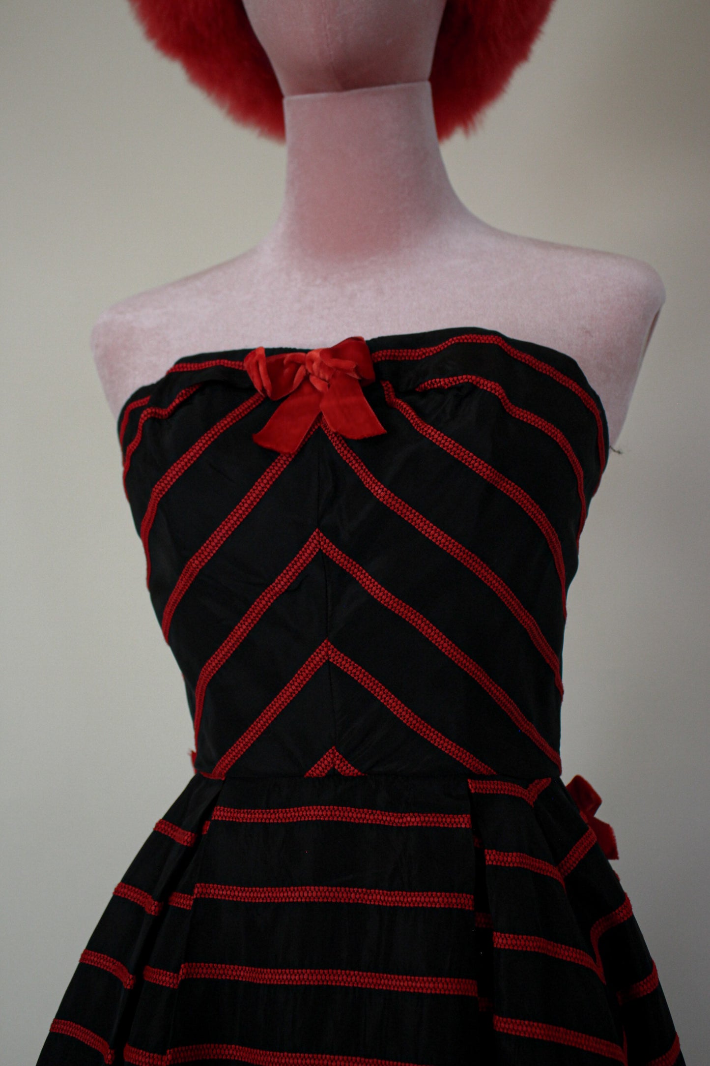 Vintage 50s / 60s Emma Domb Strapless Bow Dress Red Trim Velvet Bow Strapless Cocktail Dress Fits sizes XS-SM