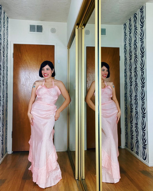 Vintage 40s Pink Halter Mermaid Fitted Gown Fits Sizes XXS-XS